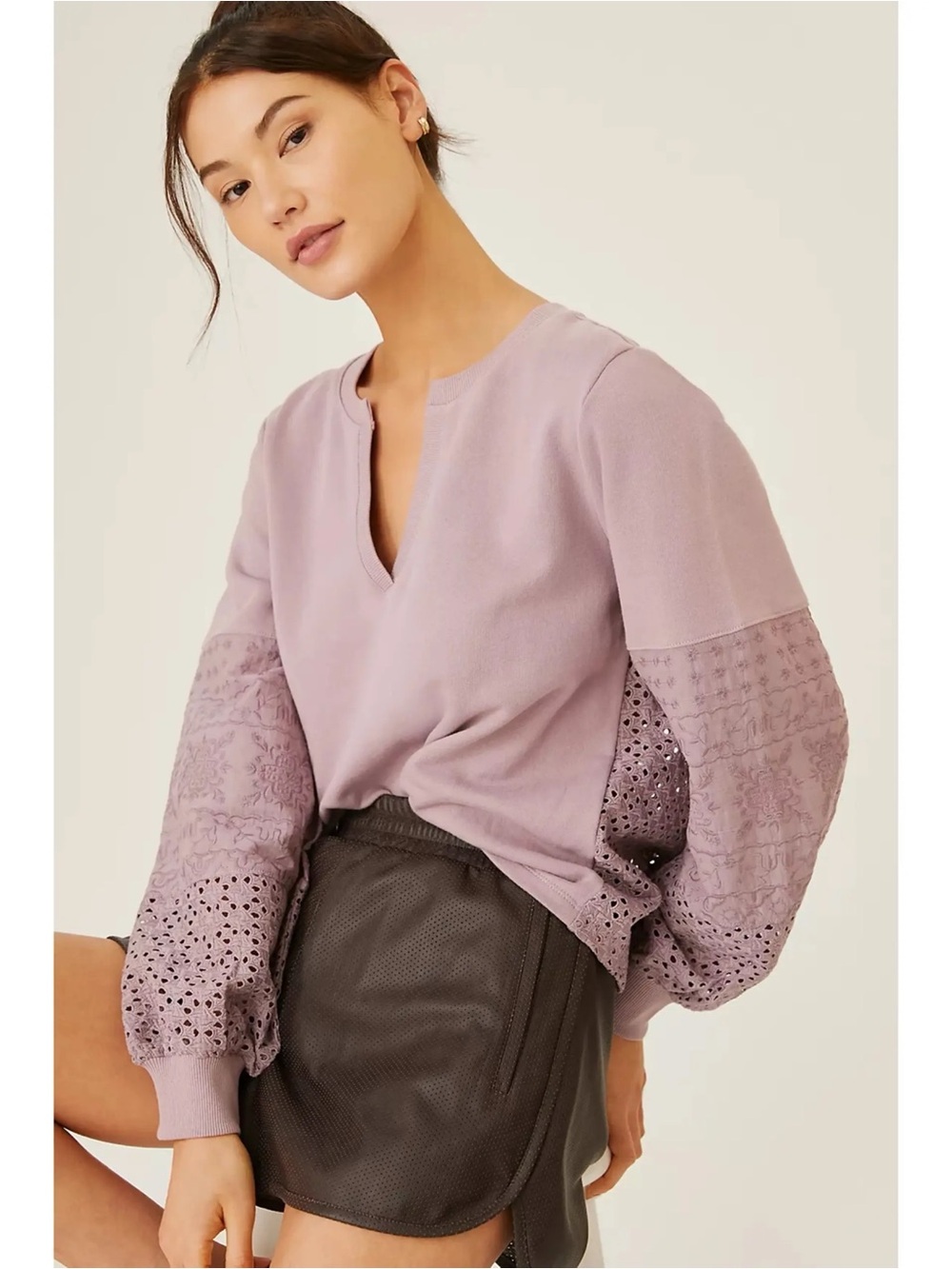 Anthropologie Lavender Eyelet Balloon-Sleeve Pullover